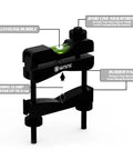 Precision Scope Leveling Tool For Easy Rifle Scope Mounting And Precise Alignment Universal And Professional Grade Heavy Duty Build Comes Stored In Durable Hard Case For Maintenance Black And Silver KNINE OUTDOORS, with leveling bubble and barrel clamp, illustrated in black and silver.