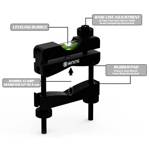 Precision Scope Leveling Tool For Easy Rifle Scope Mounting And Precise Alignment Universal And Professional Grade Heavy Duty Build Comes Stored In Durable Hard Case For Maintenance Black And Silver KNINE OUTDOORS, with leveling bubble and barrel clamp, illustrated in black and silver.