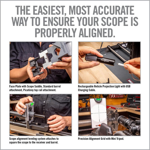 Complete precision rifle scope mounting kit showing tools and setup for accurate leveling and alignment on rifles.