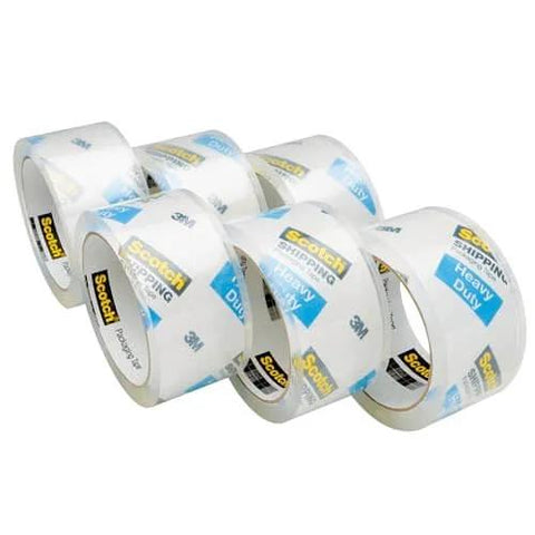 Six rolls of Scotch Heavy Duty Packaging Tape 1.88 In x 54.6 yd Clear 3 In Core For Strong Sealing And Shipping displayed in a group