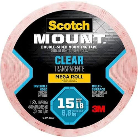 Clear Double Sided Mounting Tape With Ultra Strong 3M Industrial Adhesive, 1 Inch By 37.5 Feet Roll, Holds Up To 15 Pounds