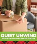 Person using Scotch Sure Start Packing Tape 1.88in x 54.6yd Clear for Shipping and Mailing on a cardboard box, highlighting quiet unwind.