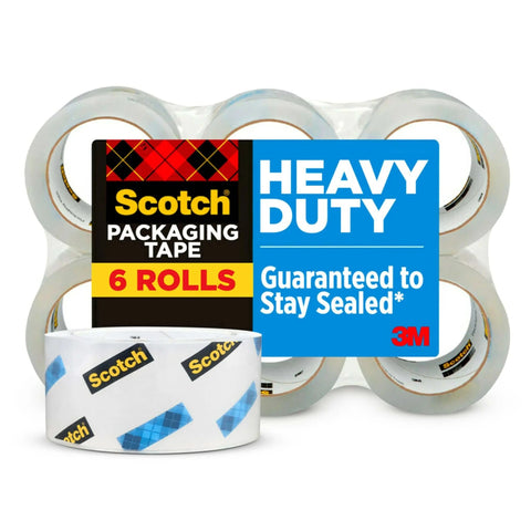 Scotch Heavy Duty Packaging Tape 1.88 In x 54.6 yd Clear 3 In Core 6 Rolls For Strong Sealing And Shipping, front view package
