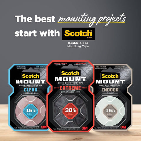 Three packs of Scotch Double-Sided Mounting Tape, including Clear Double Sided Mounting Tape With Ultra Strong 3M Industrial Adhesive.