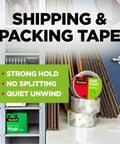Scotch Sure Start Packing Tape 1.88in x 54.6yd Clear for Shipping and Mailing, Durable Hold, Smooth Unwind, displayed on shelf