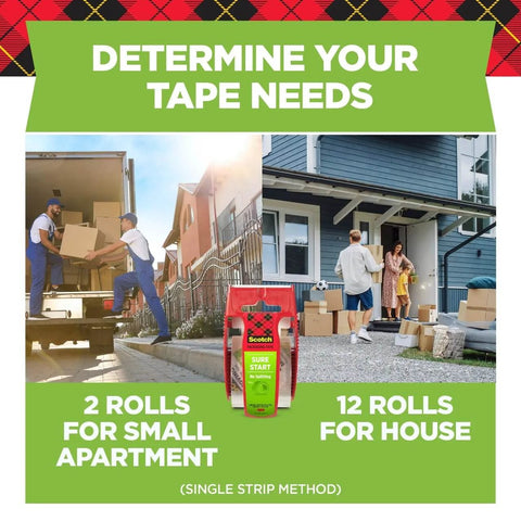 Scotch Sure Start Packing Tape Clear 1.88 In X 22.2 Yd 6 Dispenser Rolls Quiet Unwind Easy Start Strong Hold displayed between moving scenes.