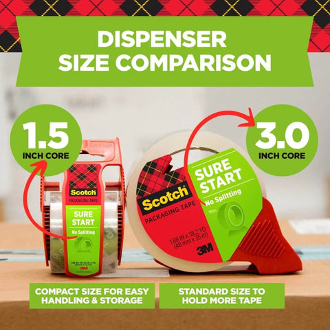 Scotch Sure Start Packing Tape Clear 1.88 In X 22.2 Yd 6 Dispenser Rolls Quiet Unwind Easy Start Strong Hold size comparison