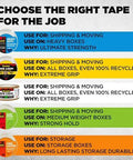 Scotch packaging tape selection guide for different uses and boxes, featuring Scotch Heavy Duty Packaging Tape 1.88 In x 54.6 yd Clear 3 In Core 6 Rolls.