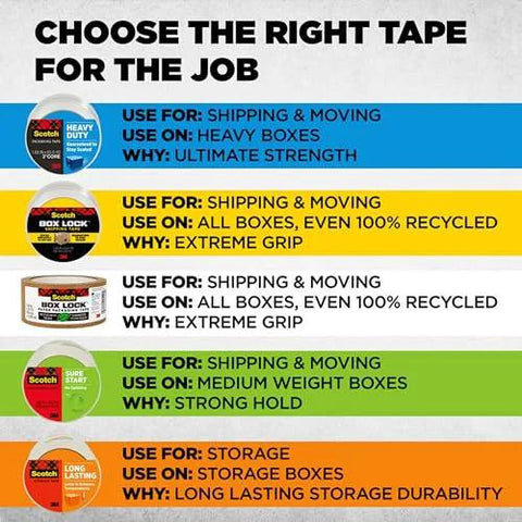 Scotch packaging tape selection guide for different uses and boxes, featuring Scotch Heavy Duty Packaging Tape 1.88 In x 54.6 yd Clear 3 In Core 6 Rolls.
