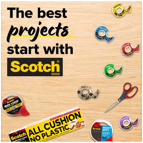 Scotch tape products, including various rolls and a pair of scissors, on a wooden surface.