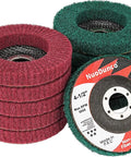 10 Pack 4 1 Half Inch Flap Discs For Angle Grinder Set With 180 And 320 Grits, red and green pads, ideal for metal and wood sanding.