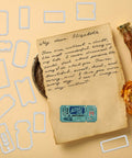 Vintage Ticket Stamp And Die Set For Scrapbooking 28 Pieces Featuring 14 Clear Stamps And 14 Die Cuts next to a handwritten letter
