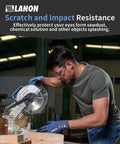 Man using a saw while wearing over-eyeglasses goggles for scratch and impact resistance.