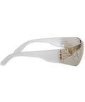 Side view of scratch and impact resistant safety glasses with wraparound indoor outdoor lens featuring frosted temples.
