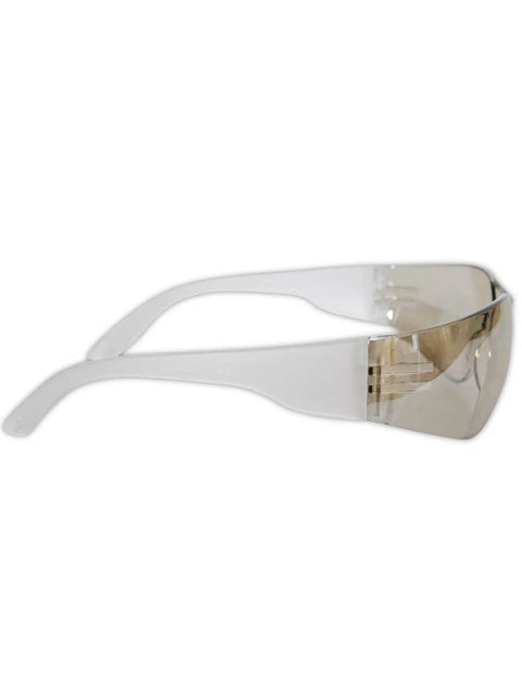 Side view of scratch and impact resistant safety glasses with wraparound indoor outdoor lens featuring frosted temples.