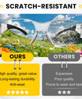 Comparison of scratch-resistant clear safety glasses showing durability differences between brands with focus on quality.