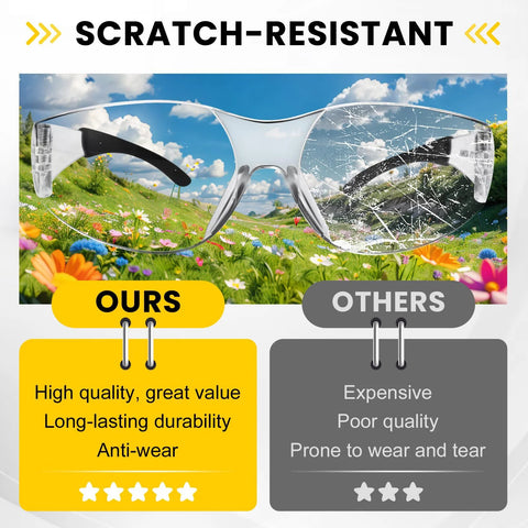 Comparison of scratch-resistant clear safety glasses showing durability differences between brands with focus on quality.
