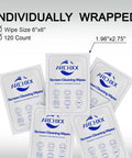 Image showing individually wrapped 120 Count 6x6 Premoistened Screen Cleaning Wipes for electronics, ideal for screens.