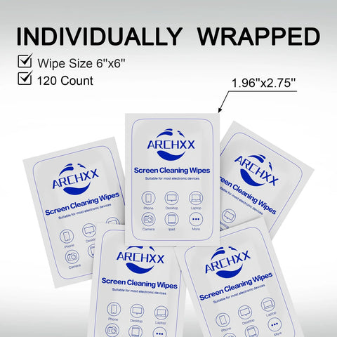 Image showing individually wrapped 120 Count 6x6 Premoistened Screen Cleaning Wipes for electronics, ideal for screens.