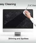 Hand using 6x6 premoistened wipe to clean computer monitor, highlighting "Easy Cleaning" and "Shinning and Spotless" text on screen.