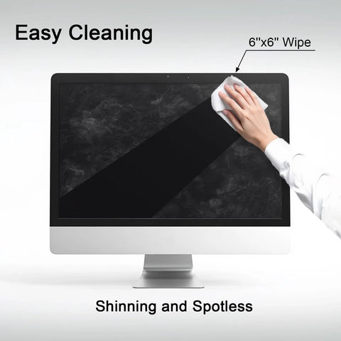 Hand using 6x6 premoistened wipe to clean computer monitor, highlighting "Easy Cleaning" and "Shinning and Spotless" text on screen.