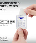 Hand holding individually wrapped sheet of 120 Count 6x6 Premoistened Screen Cleaning Wipes For Electronics Ideal For Computers Laptops Tablets Phones Monitors TVs OLED LCD And Lens Cleaning Individually Wrapped For Safe Quick Dirt Free Screens