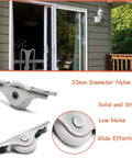 Two Pack 23mm Diameter Screen Door Rollers Nylon Wheel With Stainless Steel Shell Electroplating Finish For Garage Screen Doors showing roller and installed view