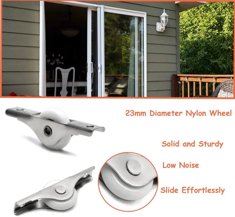 Two Pack 23mm Diameter Screen Door Rollers Nylon Wheel With Stainless Steel Shell Electroplating Finish For Garage Screen Doors showing roller and installed view
