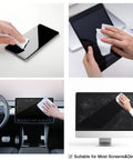 Collage showing 120 Count 6x6 Premoistened Screen Cleaning Wipes For Electronics used on phone, tablet, car monitor, and desktop screen.