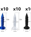 Image of 30 flat head concrete screws in blue, white, and black, each 3/16"x1-1/4, from the (105 PCS) 3/16" Concrete Screw Anchor Kit.