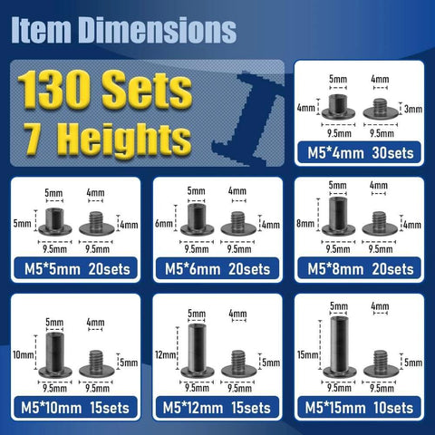 130 Sets Gunmetal Black Chicago Screws Leather Rivets Kit, 7 Sizes M5*4 to M5*15 for DIY Leather Projects Dimensions Display
