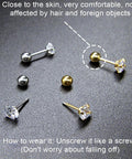 5 Size Set Of Screw Ball Backings For Threaded Posts 304 Stainless Steel Earring Backs in use, showing screw mechanism with stud earrings