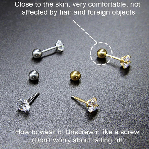 5 Size Set Of Screw Ball Backings For Threaded Posts 304 Stainless Steel Earring Backs in use, showing screw mechanism with stud earrings