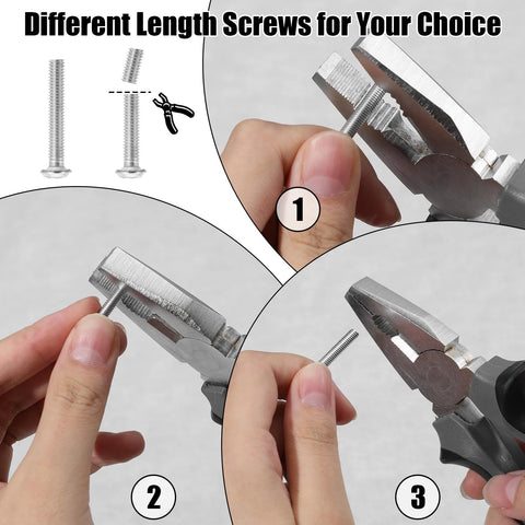 Close-up of person using pliers to cut screws with different lengths for 10 Pack Matte Black Cabinet Handles Stainless Steel Drawer Pulls