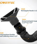 Screw End Quick Coupler For Two And A Half Inch Hose With Left Hand Threaded Adapter, connected to a dust collection hose and nozzle.