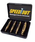 Open case showing the ✝️ Speed Out Titanium Damaged Screw Extractor Kit, 4 Piece Set, featuring four gold titanium screw extractors.