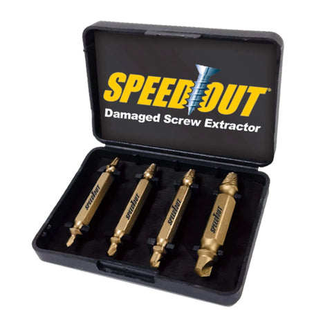 Open case showing the ✝️ Speed Out Titanium Damaged Screw Extractor Kit, 4 Piece Set, featuring four gold titanium screw extractors.