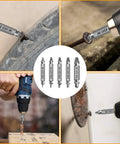 Six Piece Screw Extractor Set For Drills To Remove Damaged Stripped Screws Bolts And Rusty Fasteners, shown in various uses