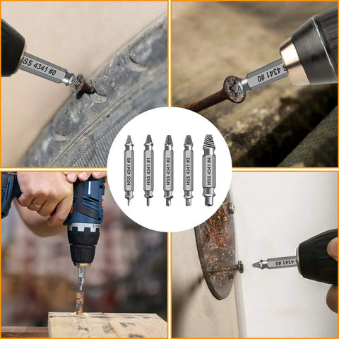 Six Piece Screw Extractor Set For Drills To Remove Damaged Stripped Screws Bolts And Rusty Fasteners, shown in various uses