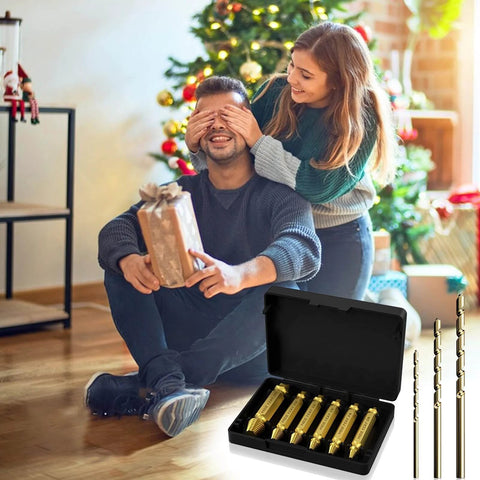 Couple in festive setting with Damaged Screw Extractor Set, 9 PCS Titanium Drill Bit Bolt Extractor Kit displayed in black case.