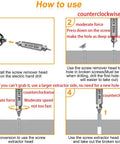 Instructional diagram showing how to use a Six Piece Screw Extractor Set For Drills To Remove Damaged Stripped Screws Bolts And Rusty Fasteners.