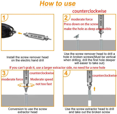 Instructional diagram showing how to use a Six Piece Screw Extractor Set For Drills To Remove Damaged Stripped Screws Bolts And Rusty Fasteners.