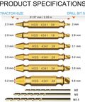 Diagram showing specifications of the Damaged Screw Extractor Set, 9 PCS Titanium Drill Bit Bolt Extractor Kit, various sizes highlighted.