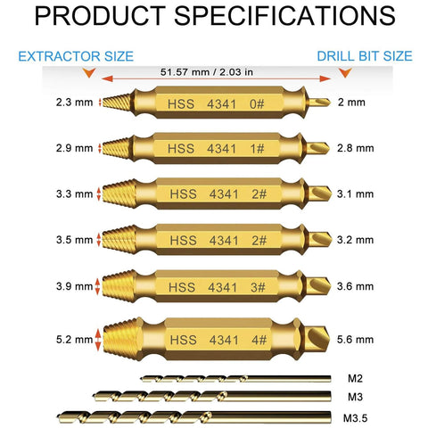 Diagram showing specifications of the Damaged Screw Extractor Set, 9 PCS Titanium Drill Bit Bolt Extractor Kit, various sizes highlighted.