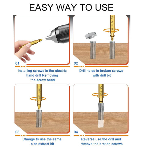 Step-by-step guide using the Damaged Screw Extractor Set, 9 PCS Titanium Drill Bit Bolt Extractor Kit for screw removal.