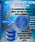 Fast Stripped Screw Hole Repair Kit showing textured pluggies for cabinets, hinges, doors, and furniture with wood anchors.