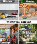 Image of possible usage areas for 105 Pcs Screw Hooks, 6 Sizes Bronze Cup Hooks, including kitchen, gazebo, garage, and garden.