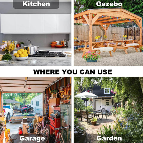 Image of possible usage areas for 105 Pcs Screw Hooks, 6 Sizes Bronze Cup Hooks, including kitchen, gazebo, garage, and garden.
