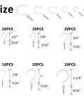 Various sizes of white screw hooks displayed with corresponding dimensions and quantities, set of 90 hooks with size details.
