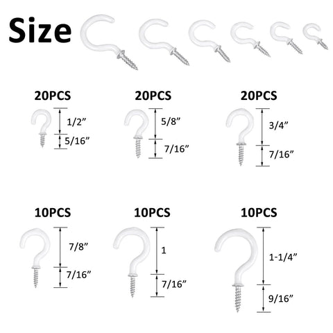 Various sizes of white screw hooks displayed with corresponding dimensions and quantities, set of 90 hooks with size details.